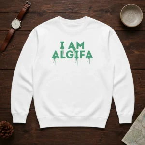 Good I Am Algae DC Reflecting Pool Anti Trump Activist Sweater in dark green, crewneck style with bold graphic print