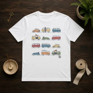 Top Volkswagen Vans And Beetles Mens t shirt featuring classic VW van and beetle graphics on a comfortable cotton tee