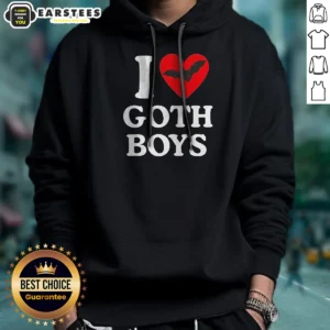Hot I Love Goth Boys Hoodie in black with bold white gothic font front print, cozy pullover style with drawstring hood
