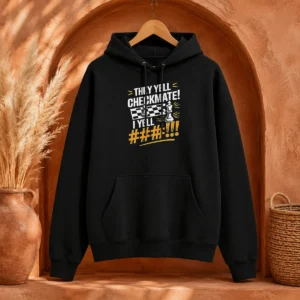 Pretty Chess Pawn King Checkmate Quote Hoodie in black with white chess-themed graphic and motivational quote