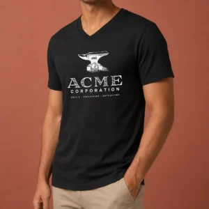 Official ACME Corporation Anvils Explosives Detonators V Neck Shirt in black with bold logo on chest
