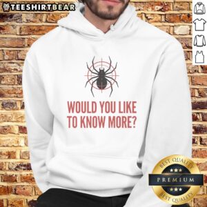 Official Would You Like To Know More Spider Hoodie in a cozy setting, showcasing its unique design and fit.