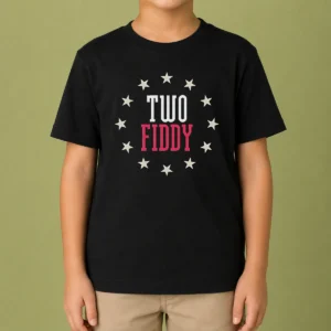 Premium Two Fiddy Stars Kids T Shirt in bright blue with star graphic, sized for children