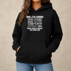 Funny Moi Jai Connu Rintintin Le Pschitt Les Cadeaux Bonux Mai 68 Zorro Mais Vous printed hoodie in black, front view