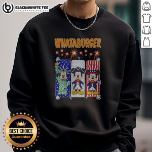 Funny Whataburger Statue Of Liberty And Mickey Mouse USA Patriotic Sweashirt featuring a bold graphic on a cozy sweatshirt