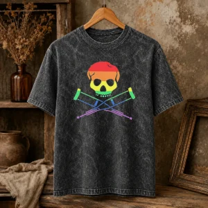 Premium Rainbow Skull And Crutches Pride Symbol Disability Awareness Washed T-Shirt