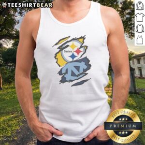 Official Pittsburgh Steelers And UNC Tar Heels Ripped Metal Effect Logo Tank top displayed on a neutral background