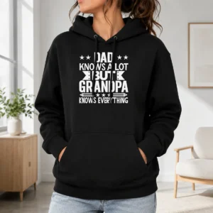 Happy Official Dad Knows A Lot But Grandpa Knows Everything Hoodie in charcoal gray, front view with kangaroo pocket