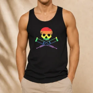 Good Rainbow Skull And Crutches Pride Symbol Disability Awareness Tank Top in vibrant colors on a sleeveless garment