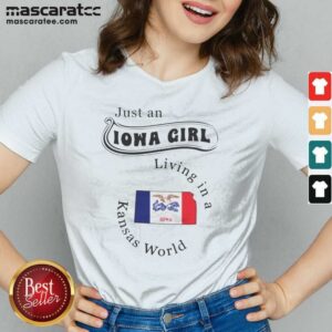 Official Just An Iowa Girl Living In A Kansas World Iowa Flag v neck optimized garment showcasing vibrant design.