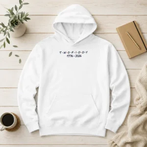 Original Two Fiddy 1776 2026 Friends Logo Hoodie in charcoal gray, front view with printed logo