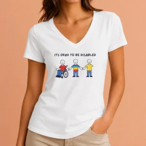 Hot It Is Okay To Be Disabled Disability Awareness V Neck Shirt in black showing front graphic design