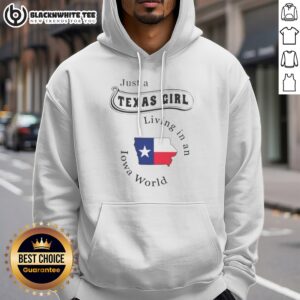 Awesome To Just A Texas Girl Living In An Iowa World Map Hoodie in black, featuring a cozy pullover design with front pocket