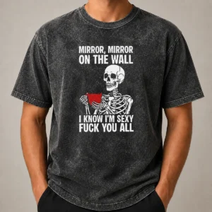 Nice Mirror Mirror On The Wall I Know Im Sexy Fck You All printed on a soft washed t shirt in light grey