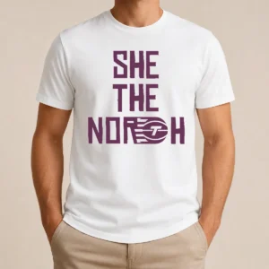 Funny Toronto Tempo She The North t shirt in black, front view with bold white and red text design