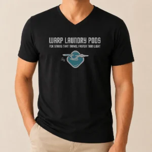 Original Warp Speed Laundry Pods Fast Stain Removal Geek V Neck Shirt in black with bold graphic print