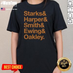 Premium Starks Harper Smith Ewing Oakley New York Knicks 1990s Basketball Roster ladies tee featuring classic team roster design