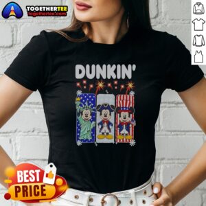 Premium Dunkin Mickey Mouse Patriotic Statue Of Liberty Uncle Sam Ladies shirt in vibrant patriotic colors