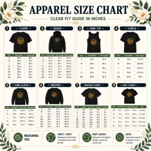 Size chart for Pretty 300E 47th Chicago Music Exchange with measurements in inches and centimeters