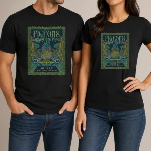 Good Pigeons Playing Ping Pong 6 26 6 27 2026 Raleigh NC Poster t shirt in black crew neck cotton fabric