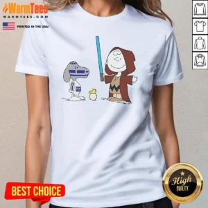 Hot Charlie Brown Snoopy Woodstock Star Wars R2 D2 BB 8 Mashup Character Ladies Shirt featuring unique pop culture blend on a soft ladies tee