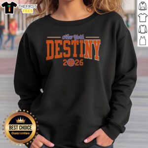 Awesome New York Knicks Destiny 2026 Bold Arch Championship Basketball Text Sweatshirt in navy blue, featuring bold arch text design