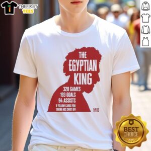 Alt Text: Premium Mohamed Salah Liverpool T-Shirt featuring 'The Egyptian King' silhouette, stats: 328 games, 193 goals, 94 assists.