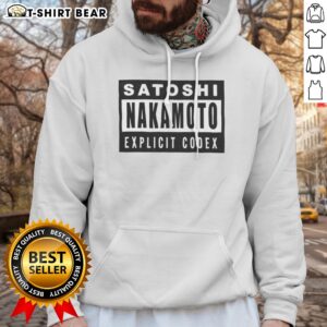 Pretty Satoshi Nakamoto Explicit Codex Bitcoin Cryptocurrency White Graphic Hoodie displayed on a neutral background