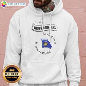 Official Just A Wisconsin Girl Living In A Missouri World State Map Hoodie in dark gray, featuring state map graphic and text design