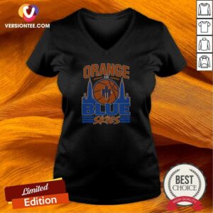 Good Orange And Blue Skies New York Knicks Basketball Team Logo Skyline V Neck Shirt v neck optimized in vibrant orange and blue colors