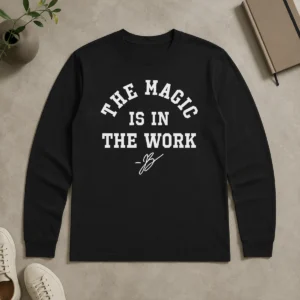 Nice Ben Stiller Jalen Brunson The Magic Is In The Work Signature long sleeve shirt in white, front view