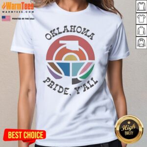 Pretty Oklahoma Pride Y'All Happy Pride Month ladies tee featuring vibrant colors and a festive design.