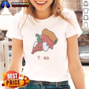 Pretty Pizza Gian Berg X 63 Ladies shirt featuring a vibrant pizza graphic.