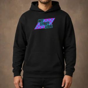 Awesome Not Street Legal Hoodie in black, front view with kangaroo pocket and adjustable drawstring hood