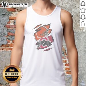 Official Cleveland Browns And Ohio State University Logo Torn Tank Top featuring a distressed design.