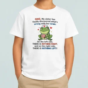 Official Frog Omg My Sister Has Finally Discovered What'S Wrong With Her Brain kids t shirt in navy blue, short sleeves, comfortable fit for children