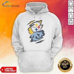 Premium Pittsburgh Steelers And UNC Tar Heels Ripped Metal Effect Logo hoodie optimized for product display