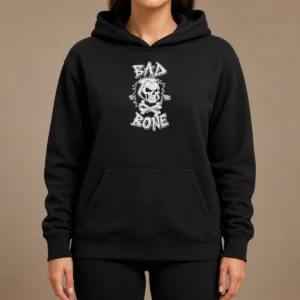 Premium Bad To The Bone Skull Skeleton Hoodie in black with detailed skull skeleton graphic on the front