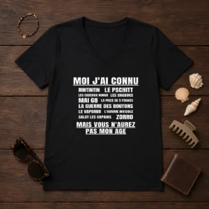 Good Moi Jai Connu Rintintin Le Pschitt Les Cadeaux Bonux Mai 68 Zorro Mais Vous V Neck Shirt in classic black fabric