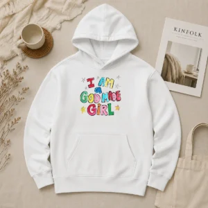 Hot I Am A God Made Girl Hoodie in black with bold white text on front, cozy pullover with drawstring hood and kangaroo pocket
