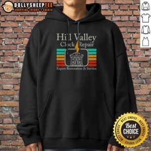Premium Hill Valley Clock Repair Back To The Future Expert Restoration And Service Hoodie featuring a classic design.