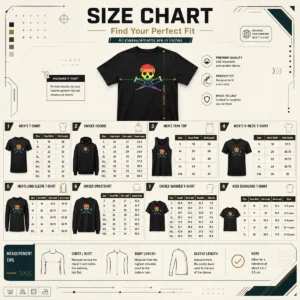 Size chart showing garment measurements in inches and cm for Premium Rainbow Skull And Crutches Pride Symbol Disability Awareness