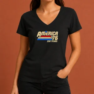 Original America 76 250 Years United States Of America Independence Day V Neck Shirt in navy blue with patriotic graphic