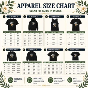 Size chart for Pretty Nike Bugs Bunny Spanking Lola showing garment measurements in inches and cm
