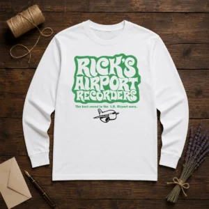 Premium Tom Petty Rick'S Airport Recorders The Best Round Long Sleeve Shirt in black, displaying front graphic print and crew neckline