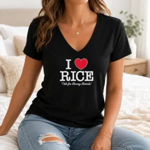 Pretty Ben Rice I Love Rice Vote For Benny Barrels New York Yankees Baseball V Neck Shirt in white, showing front design and short sleeves