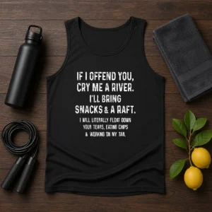 Pretty If I Offend You Cry Me A River Snacks And A Raft tank top featuring bold graphic text on a sleeveless casual top