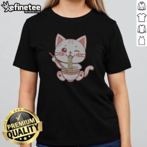 Original Kawaii Ramen Eating Cat Bowl Noodles Japanese Anime Food Lover girl t-shirt featuring a cute cat design.
