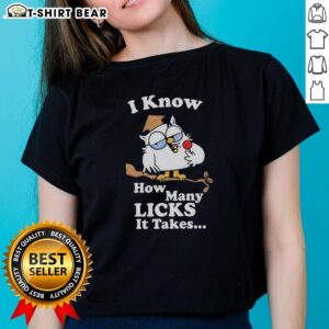 Top White Owl graphic tee featuring 'I Know How Many Licks It Takes' for ladies, perfect for casual wear and owl lovers.