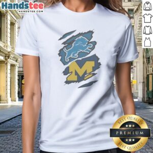 Pretty Detroit Lions Michigan Wolverines Combined Logo Graphic Apparel Ladies Shirt featuring vibrant logos